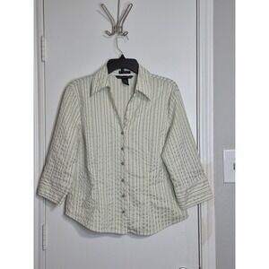 Antilia Femme XL Textured Stripe Button Up Blouse Green Office Top Stretch